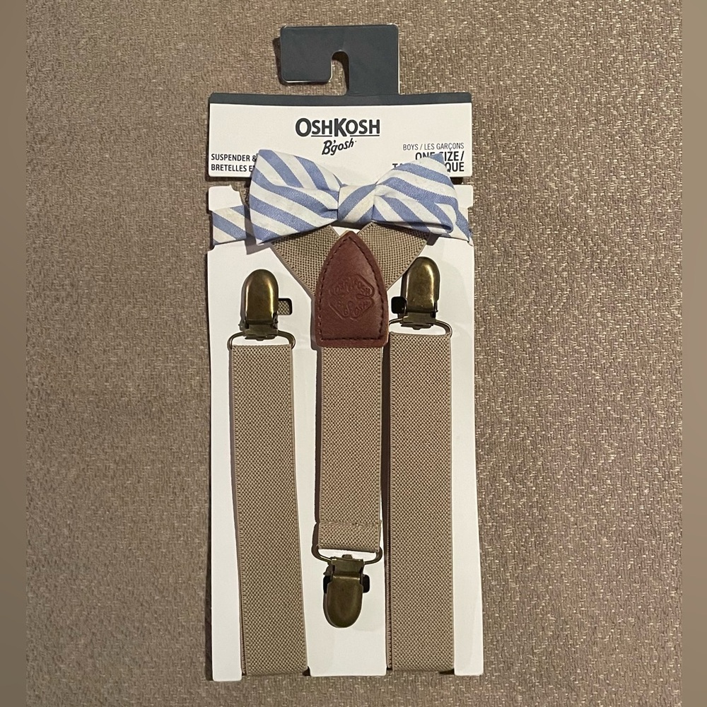 OSH KOSH TAN SUSPENDERS WITH BLUE STRIPE BOW TIE SET